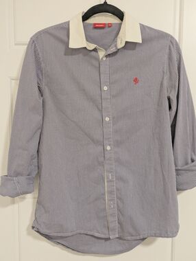Ferrari Blue Gingham Button-Down Shirt with White Contrast Collar